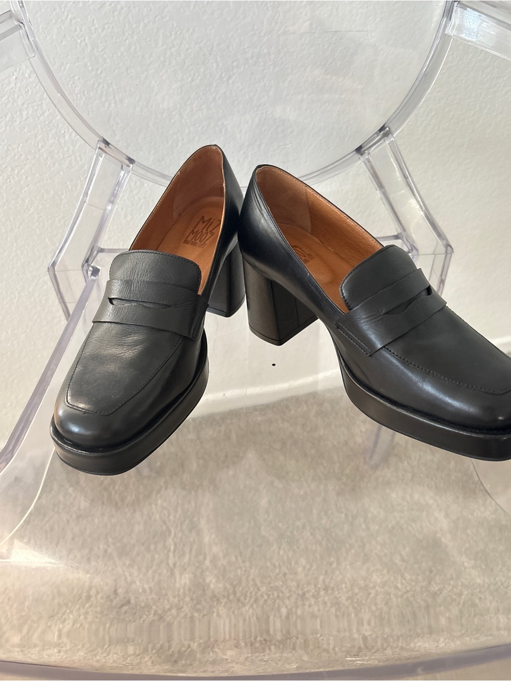 Miz Mooz Black Leather Block Heel Loafers Size 40/10